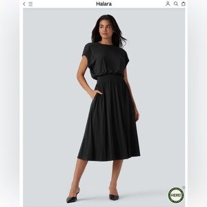 Halara Black Tummy Control Batwing Sleeve Flowy Midi Work Dress with Pockets M